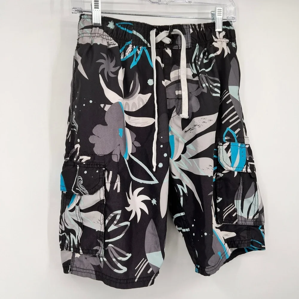 Kanu Surf Mens M‎ Swim Trunks Black Blue Floral Cargo Board Shorts Mesh Lining